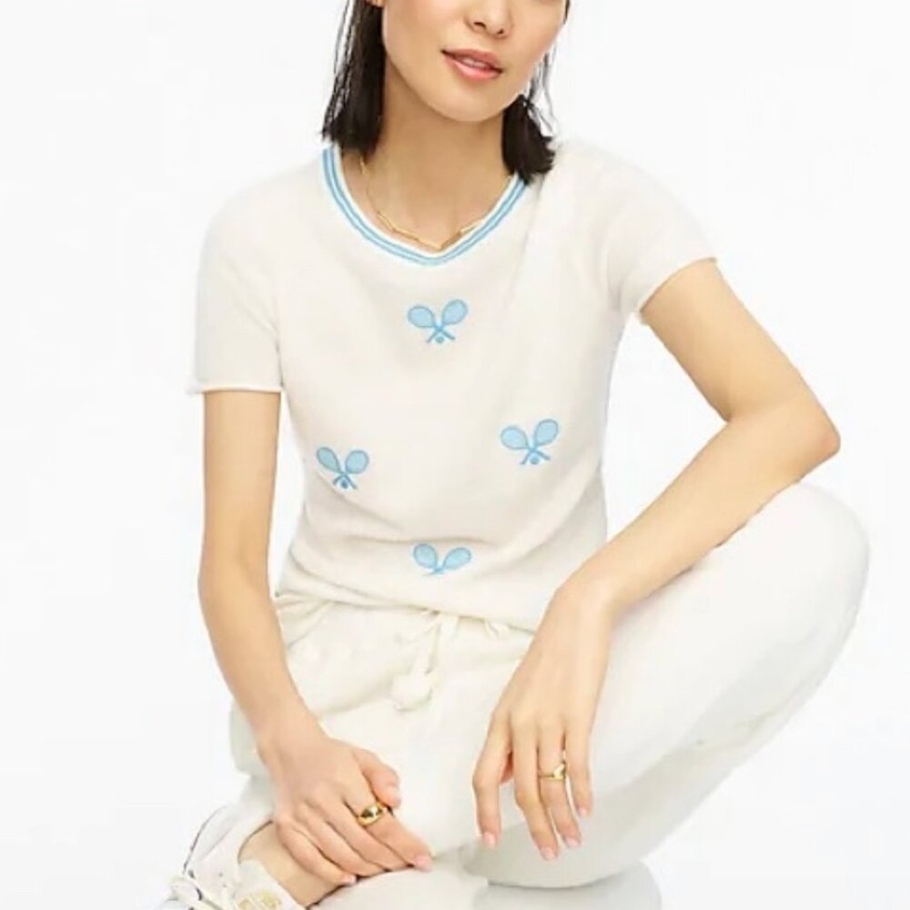 100% Cashmere J. Crew Short-Sleeve T-Shirt with Tennis Embroidery